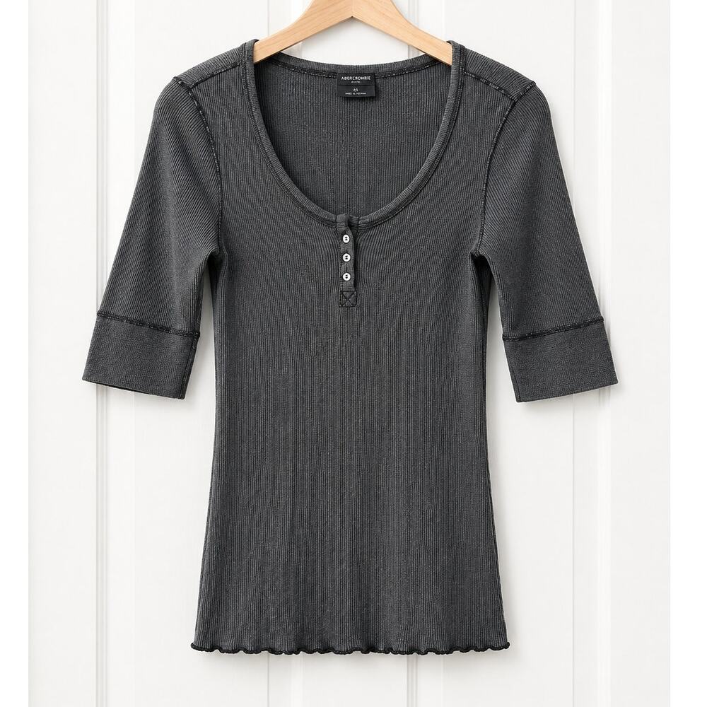 Michael Stars Y2K Ribbed Henley Top Gray USA Made One Size